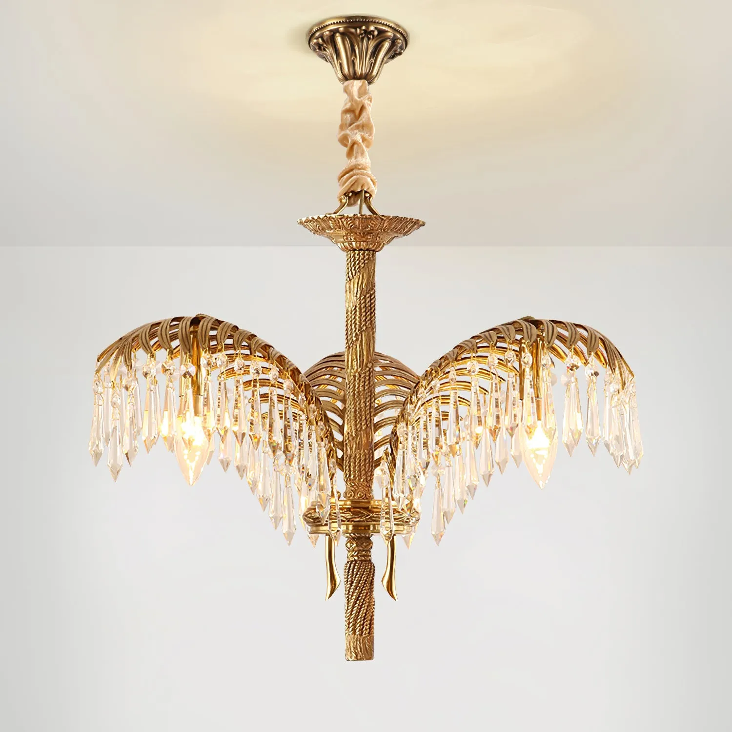 Brass Palm Leaf Crystal Chandelier