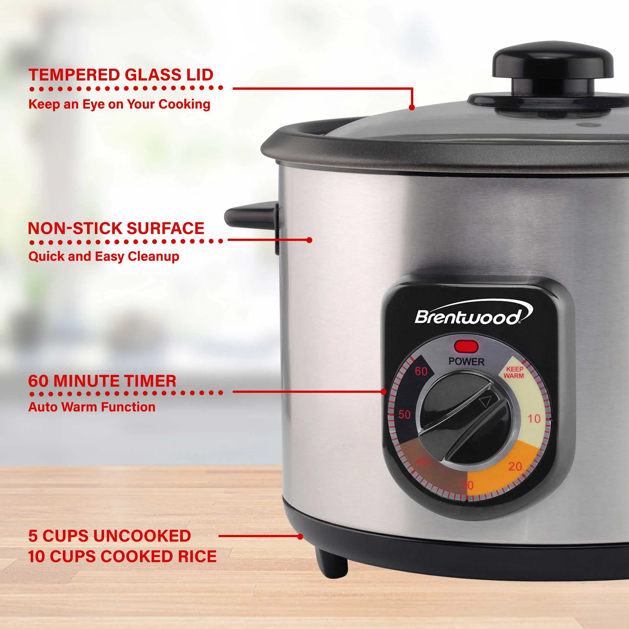 Brentwood TS-1210S 5-Cup Uncooked/10-Cup Cooked Crunchy Persian Rice Cooker, Stainless Steel