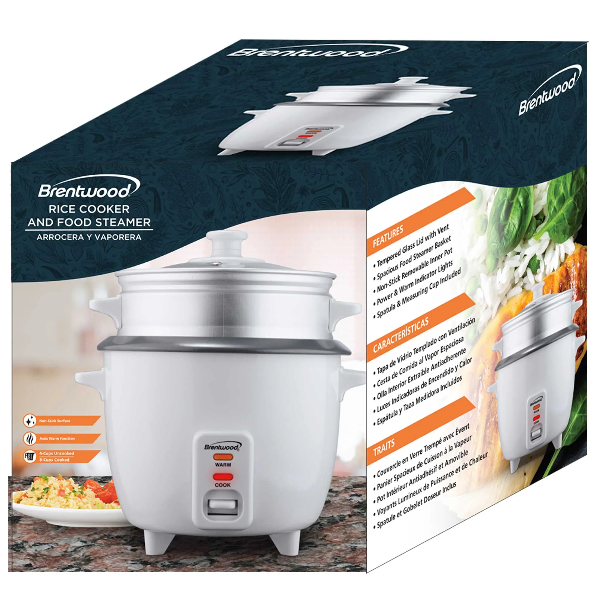 Brentwood TS-700S 4-Cup Uncooked/8-Cup Cooked Rice Cooker and Food Steamer, White