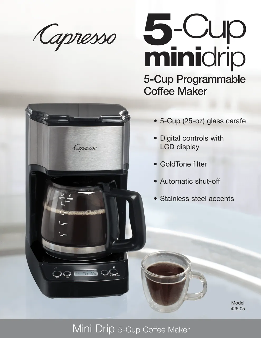 Capresso 5CUPDRIP-RB 426.05 5-Cup Drip Mini Coffeemaker, Black/Silver - Certified Refurbished