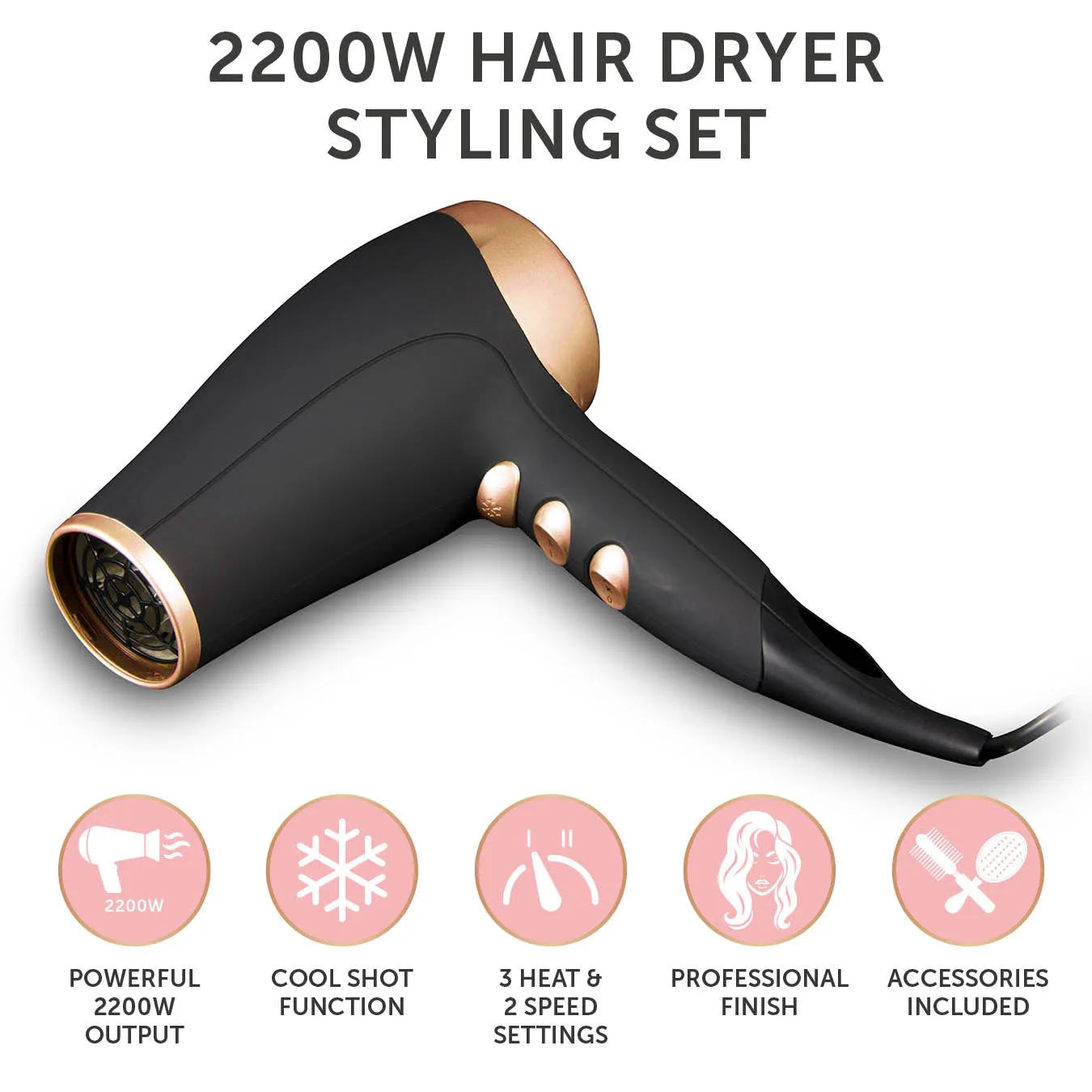 Carmen Noir Hair Dryer Gift Set - Black/Rose Gold