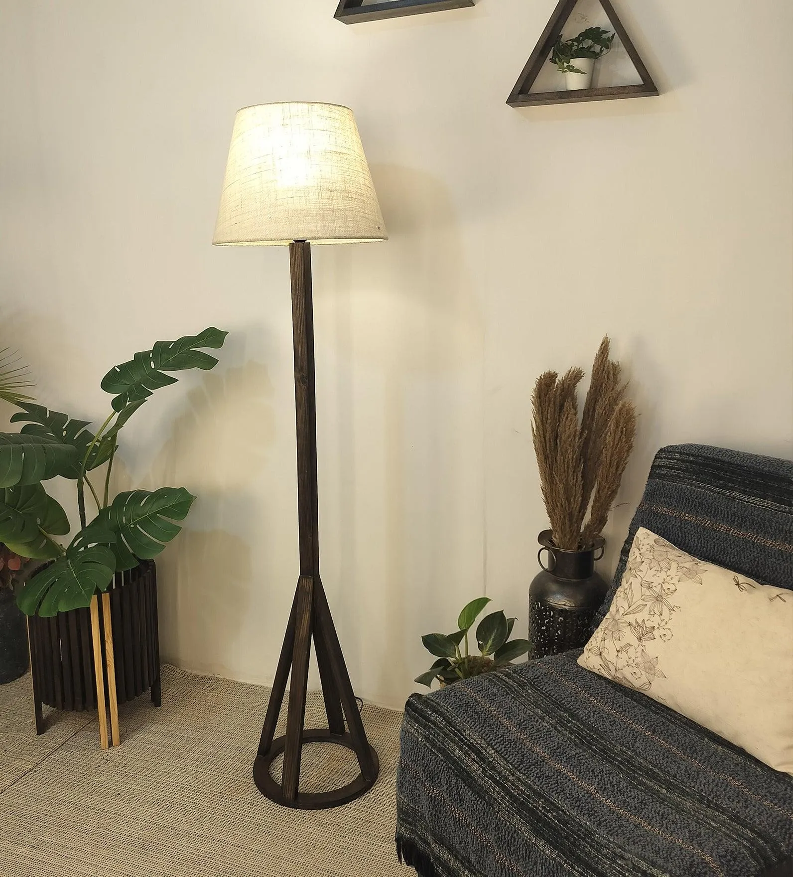 Celine Wooden Floor Lamp with Brown Base and Premium Beige Fabric Lampshade