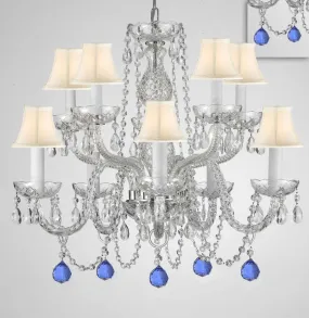 Chandelier Lighting Crystal Chandeliers H25" X W24" 10 Lights - Dressed w/ Blue Crystal Balls! Great for Dining Room, Foyer, Entry Way, Living Room, Bedroom, Kitchen! w/White Shades - G46-B99/WHITESHADES/CS/1122/5 5