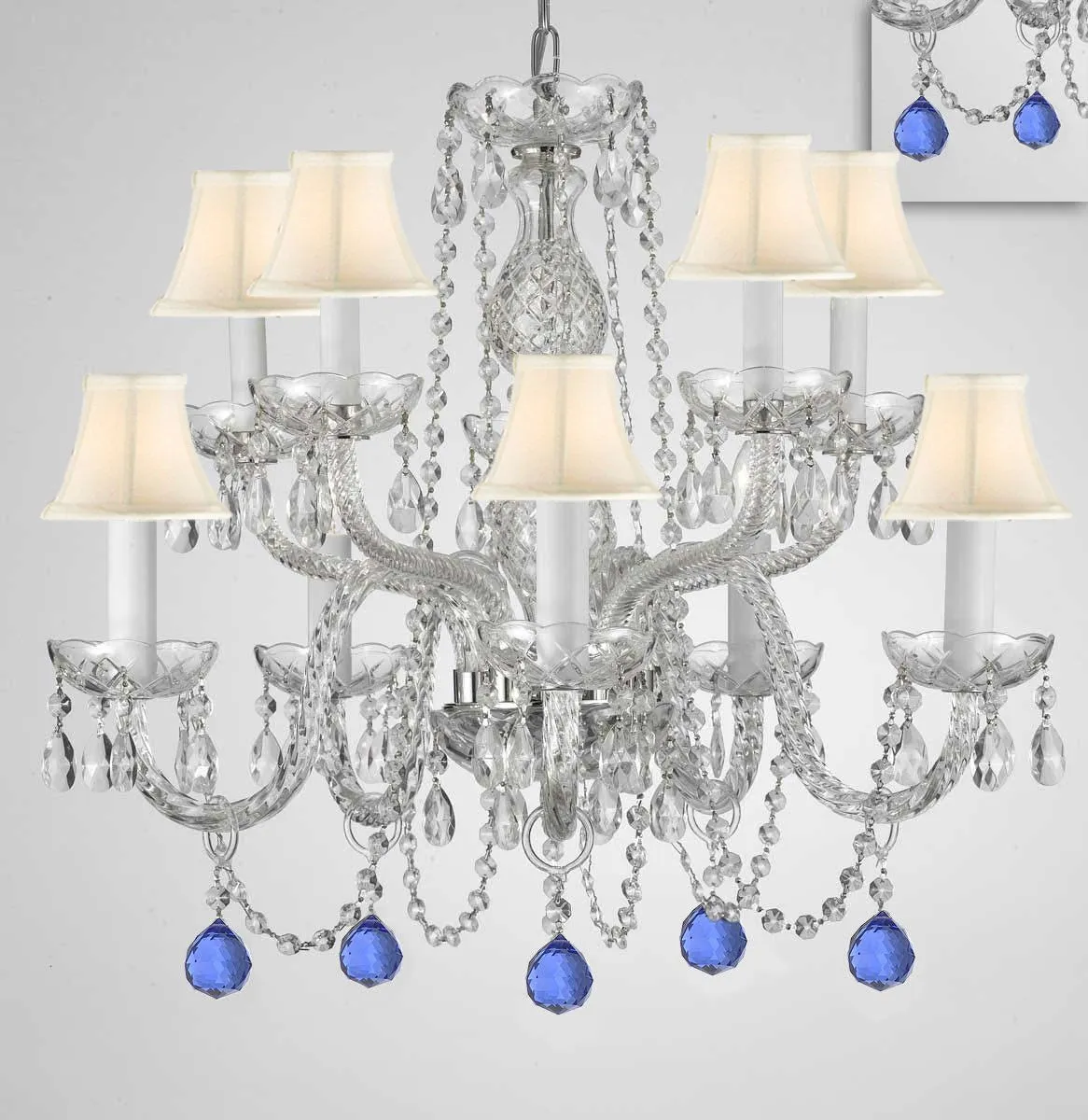 Chandelier Lighting Crystal Chandeliers H25" X W24" 10 Lights - Dressed w/ Blue Crystal Balls! Great for Dining Room, Foyer, Entry Way, Living Room, Bedroom, Kitchen! w/White Shades - G46-B99/WHITESHADES/CS/1122/5 5