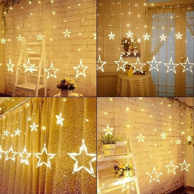 Christmas LED Stars Curtain Lights,12 Stars 138 LED Curtain String Lights Memory Window Lights with 8 Modes  Christmas, Party,Patio Garden