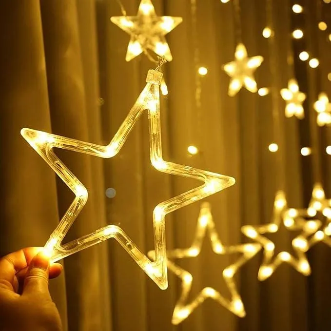 Christmas LED Stars Curtain Lights,12 Stars 138 LED Curtain String Lights Memory Window Lights with 8 Modes  Christmas, Party,Patio Garden