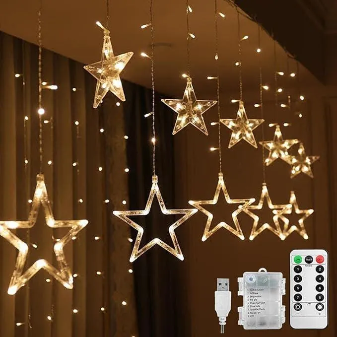 Christmas LED Stars Curtain Lights,12 Stars 138 LED Curtain String Lights Memory Window Lights with 8 Modes  Christmas, Party,Patio Garden