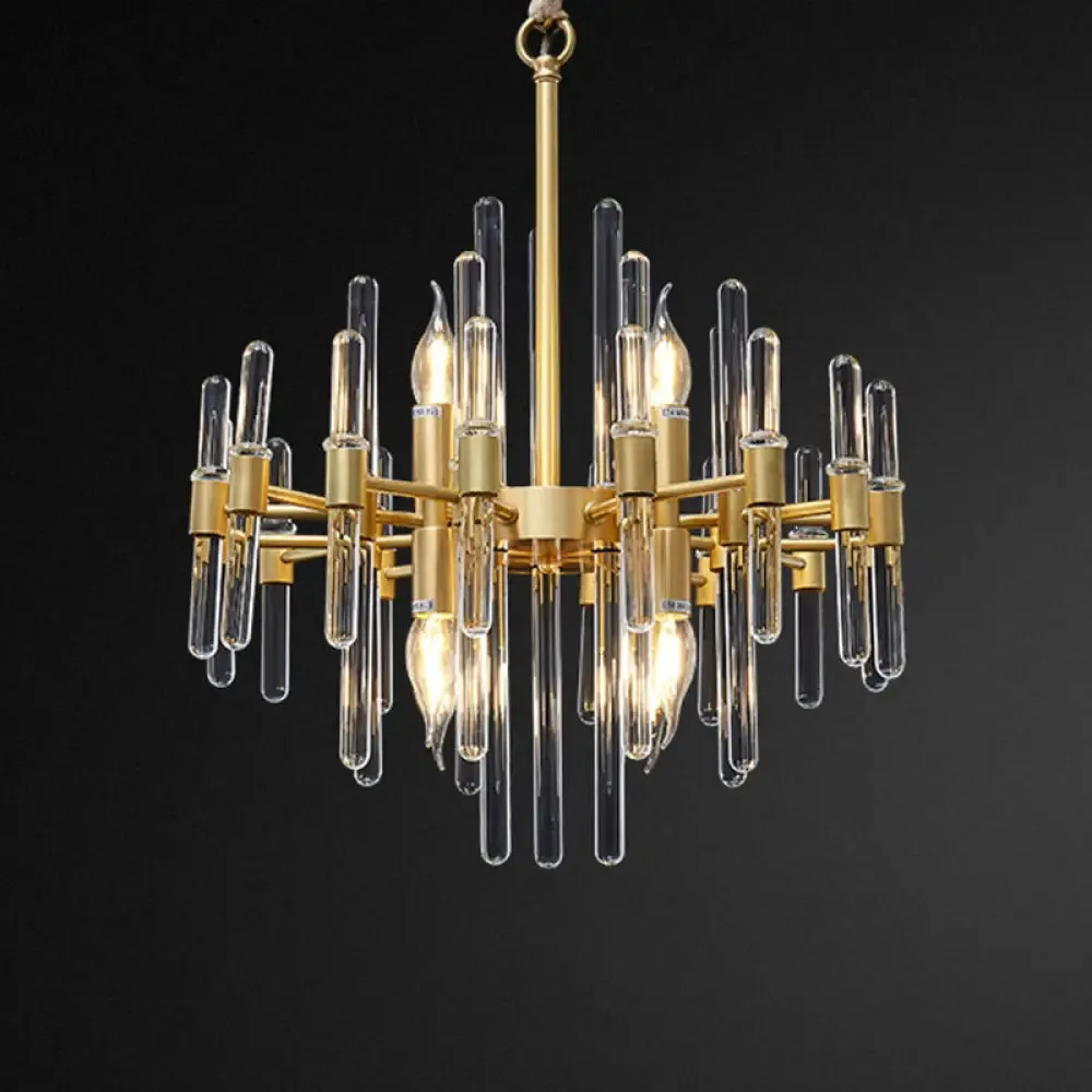 Contemporary Gold Color Candle Chandelier with Crystal Block Design