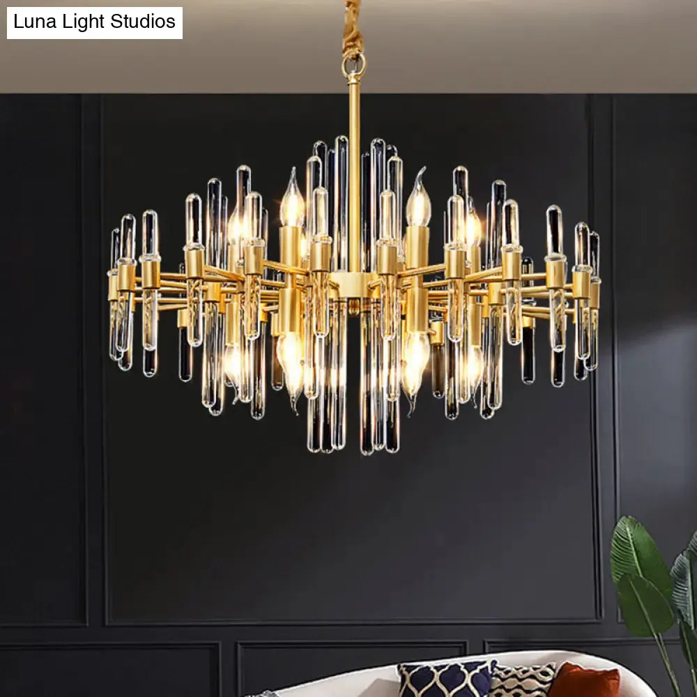 Contemporary Gold Color Candle Chandelier with Crystal Block Design