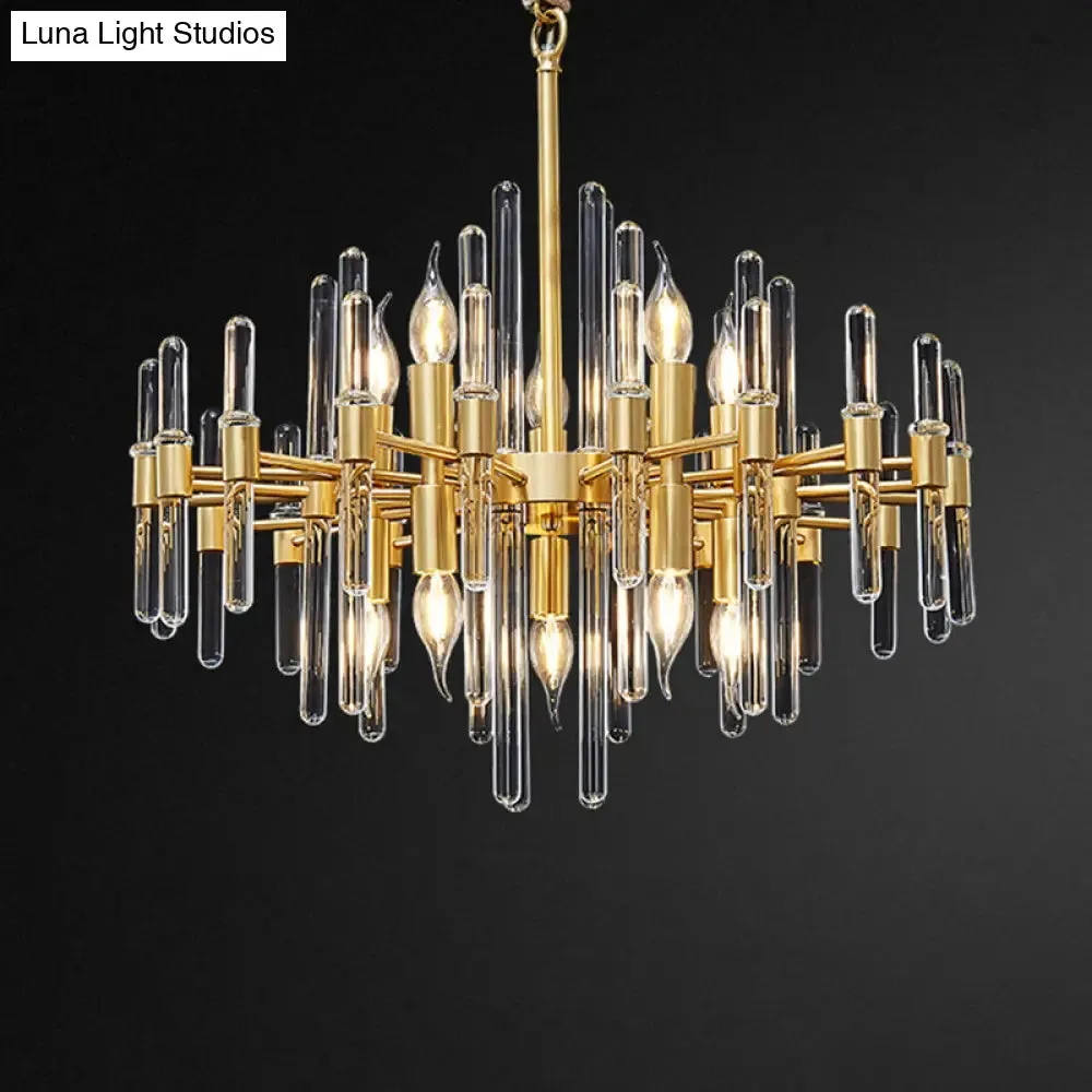 Contemporary Gold Color Candle Chandelier with Crystal Block Design