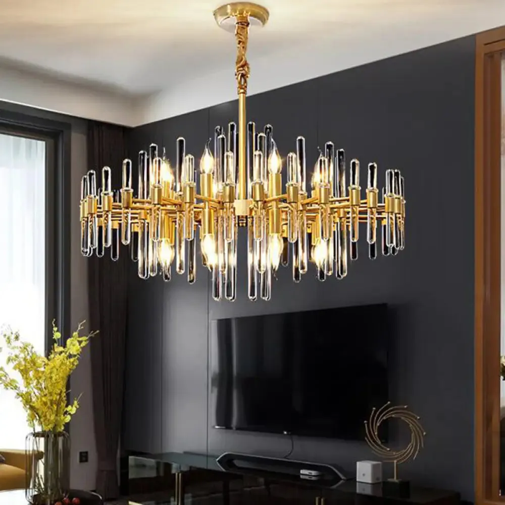 Contemporary Gold Color Candle Chandelier with Crystal Block Design