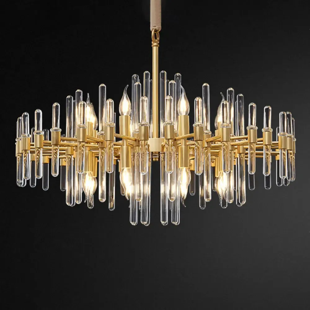 Contemporary Gold Color Candle Chandelier with Crystal Block Design