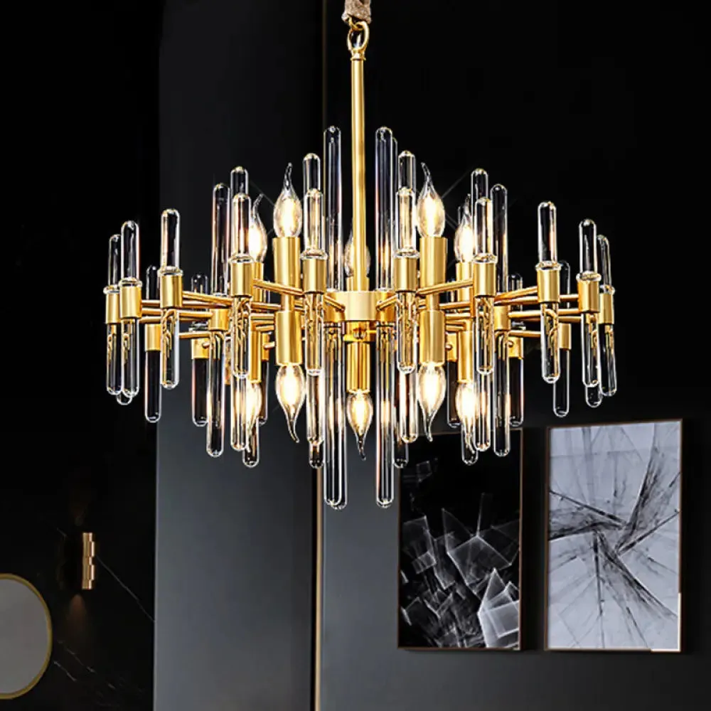 Contemporary Gold Color Candle Chandelier with Crystal Block Design