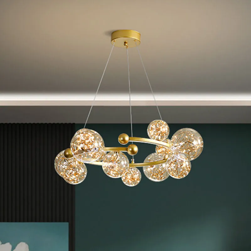 Contemporary LED Glass Orb Chandelier with Glowing String