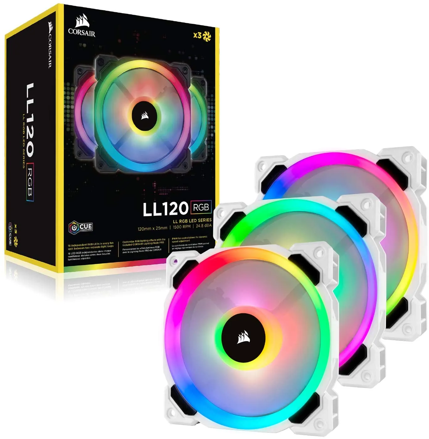 Corsair LL120 12cm PWM RGB Case Fans x3, 16 LED RGB Dual Light Loop, Hydraulic Bearing, White, Lighting Node PRO Kit Included