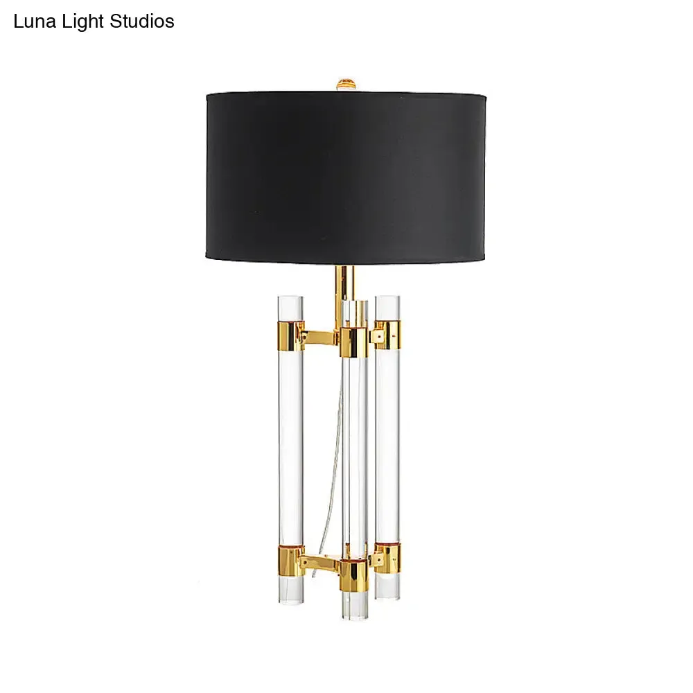 Countryside 1-Light Black Drum Fabric Table Lamp with Crystal Rod - Perfect for Bedroom Night Lighting