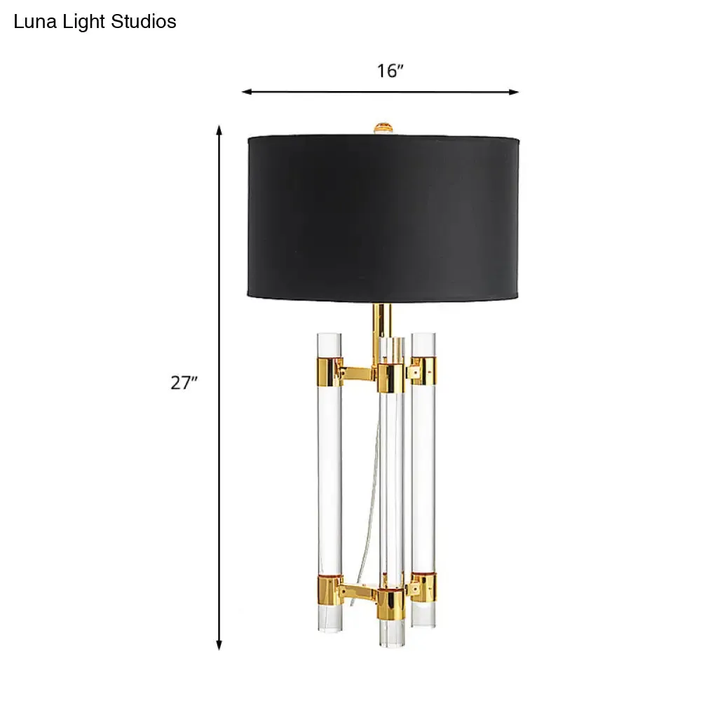 Countryside 1-Light Black Drum Fabric Table Lamp with Crystal Rod - Perfect for Bedroom Night Lighting