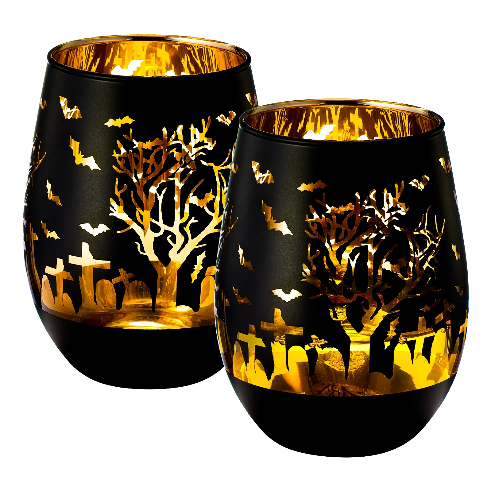 Crystal Halloween Stemless Wine Glass - Set of 2 - Themed Vibrant Black & Gold Etched Spooky Graveyard Pattern Frosted Glass, Perfect for Themed Gothic Parties Trick Or Treat Gift For Him Her (16 OZ) by The Wine Savant