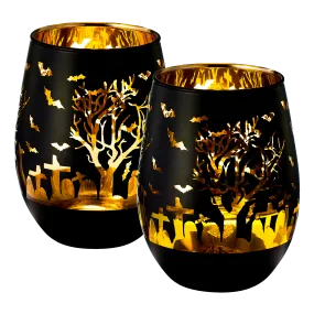 Crystal Halloween Stemless Wine Glass - Set of 2 - Themed Vibrant Black & Gold Etched Spooky Graveyard Pattern Frosted Glass, Perfect for Themed Gothic Parties Trick Or Treat Gift For Him Her (16 OZ) by The Wine Savant