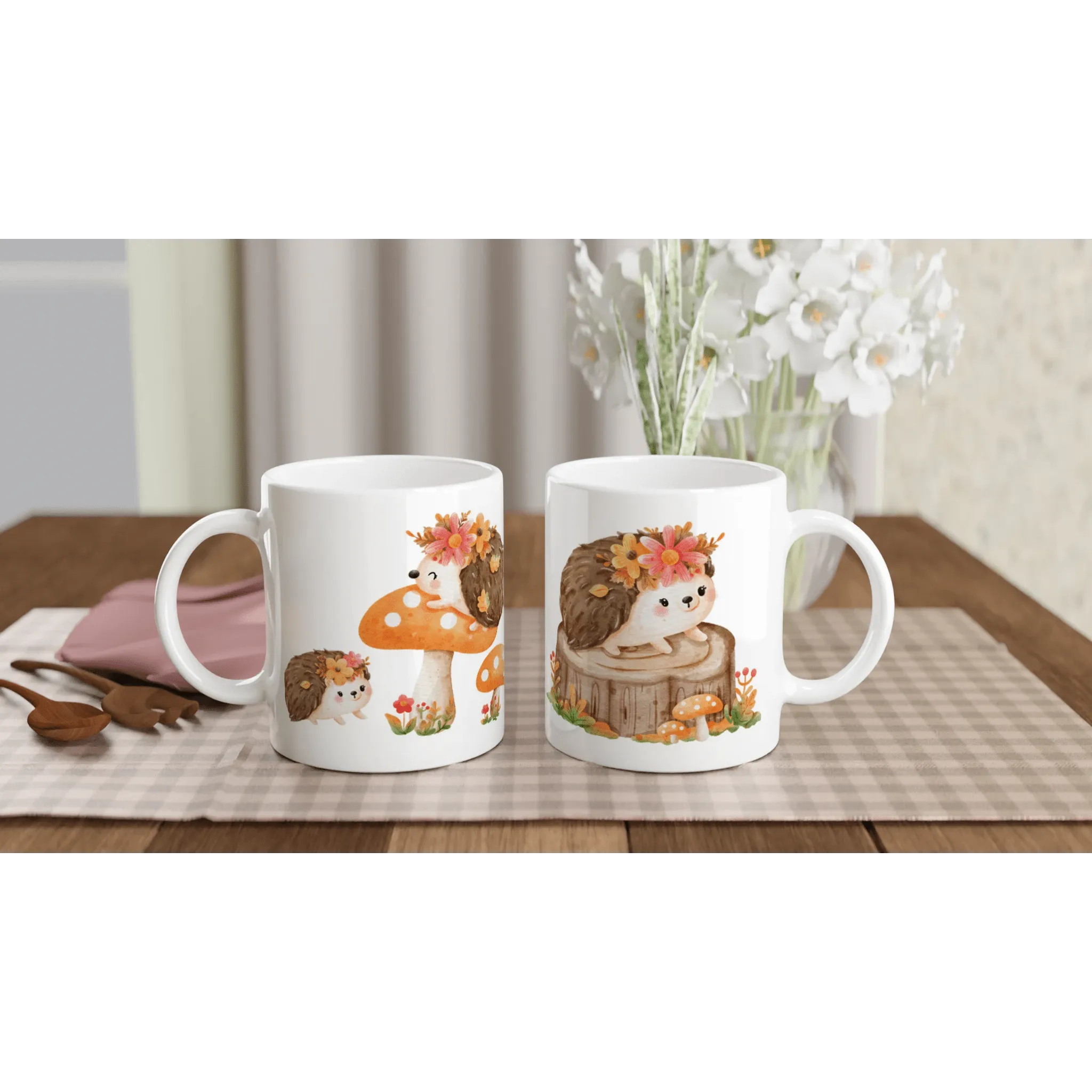 Cute Hedgehogs on Mushroom Ceramic Mug | Animal Lover Gift