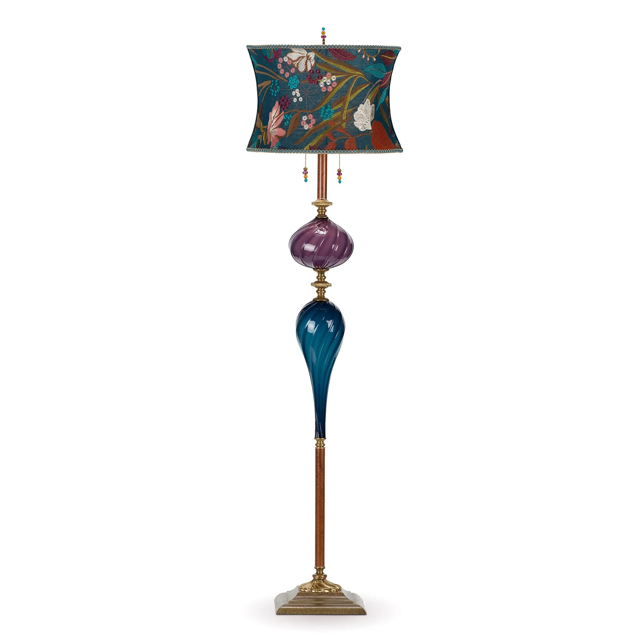 Deacon Floor Lamp F219I169 Colors Blue Turquoise Orange White and Purple Shade Blue and Purple Blown Glass Base by Kinzig Design