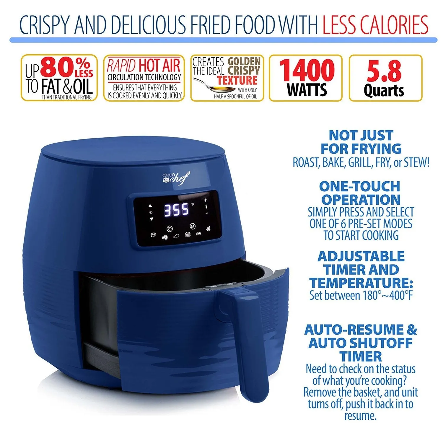 Deco Chef Digital 5.8QT Electric Air Fryer - Healthy, Fast Cooking - Blue - Refurbished