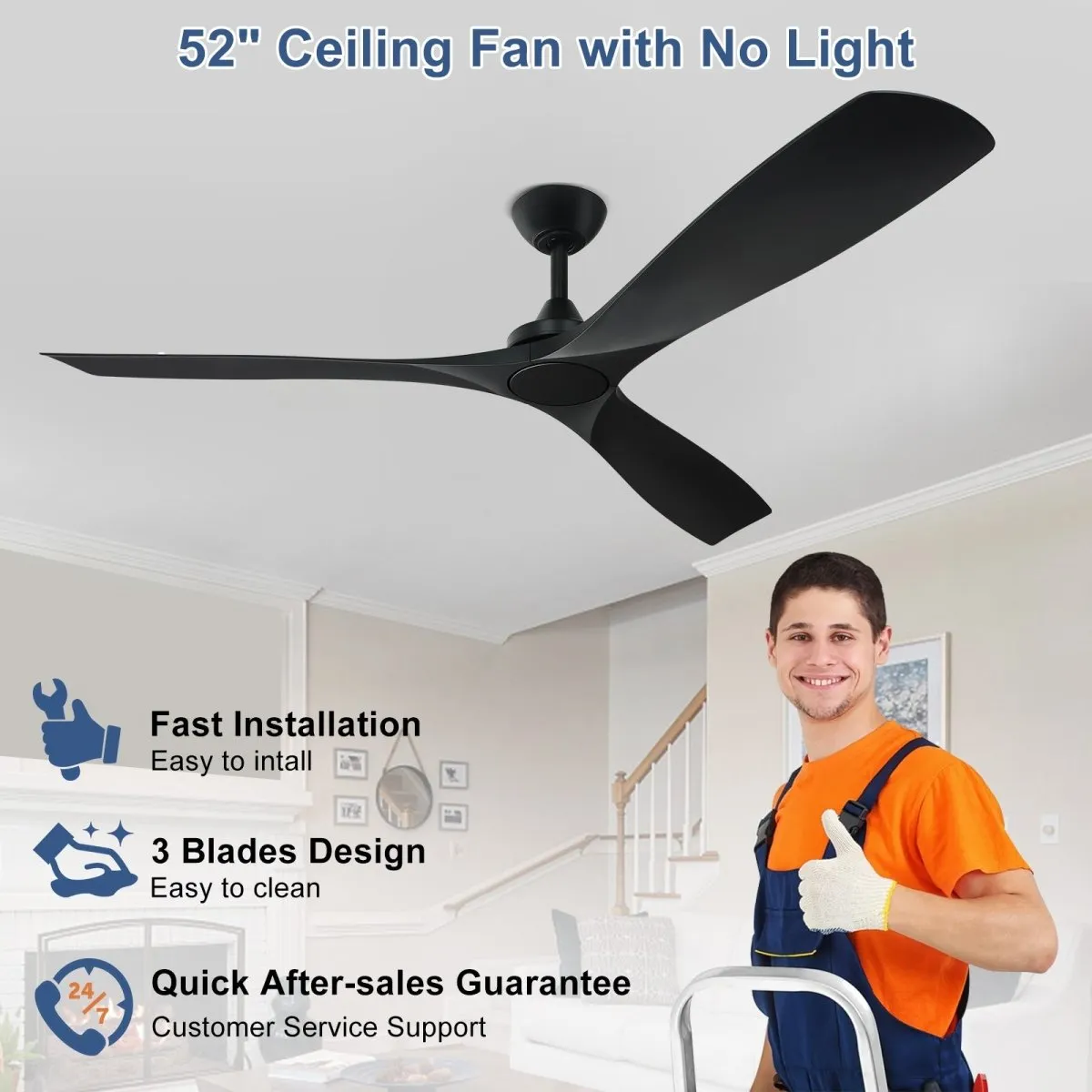 Depuley 60 Inch Large Remote Ceiling Fan Without Light, Low Profile Ceiling Fan No Light with 3 Blades and Noiseless Reversible DC Motor for Patio, Kitchen, Farmhouse & Covered Outdoor, Timer - Black