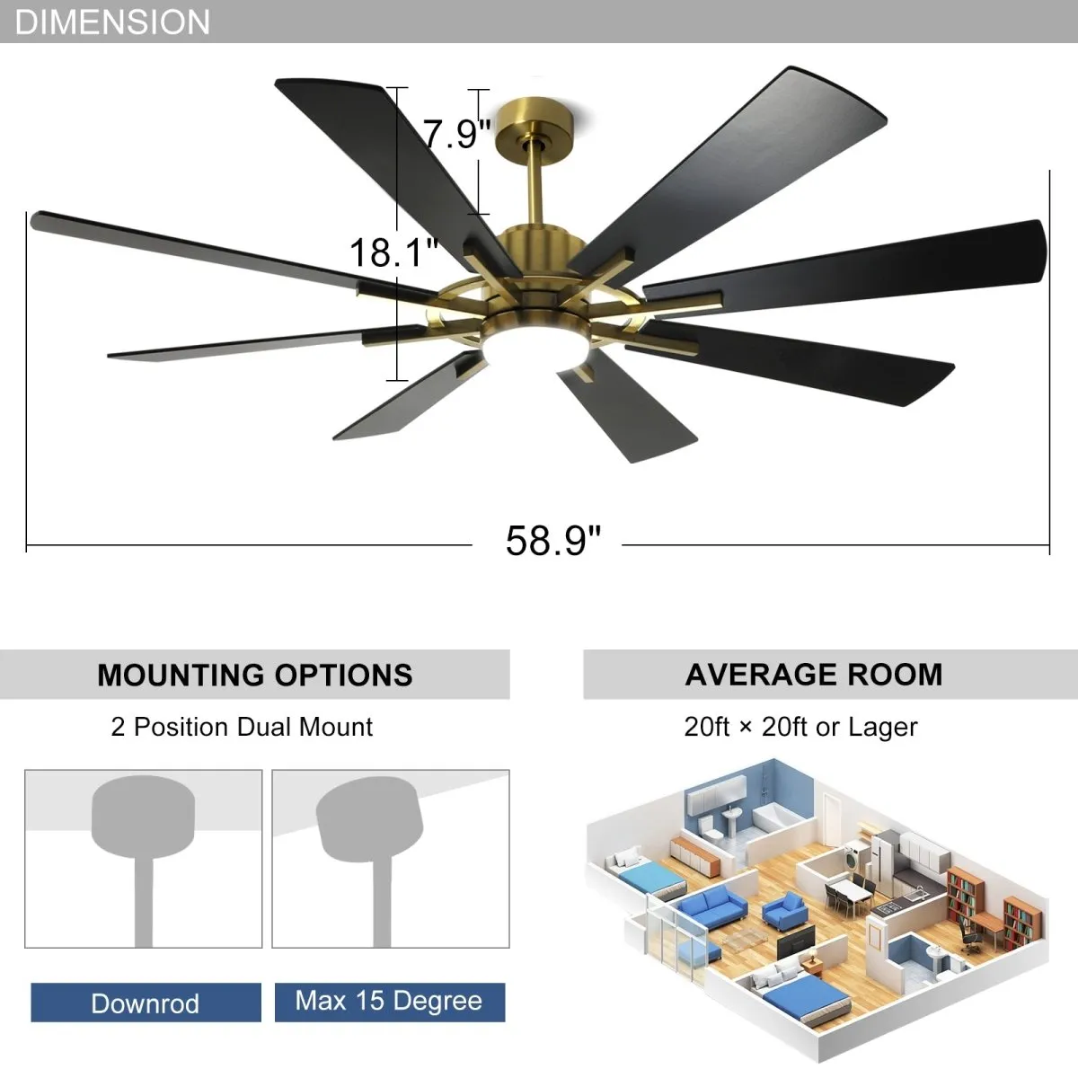 Depuley 60" Large Ceiling Fan with Light, Modern Black Gold Reversible Ceiling Fan with Light LED and 8 Plywood Blades, Outdoor DC Ceiling Fans with 5-Speed for Covered Patios, 3CCT 3000K-6000K, Timer