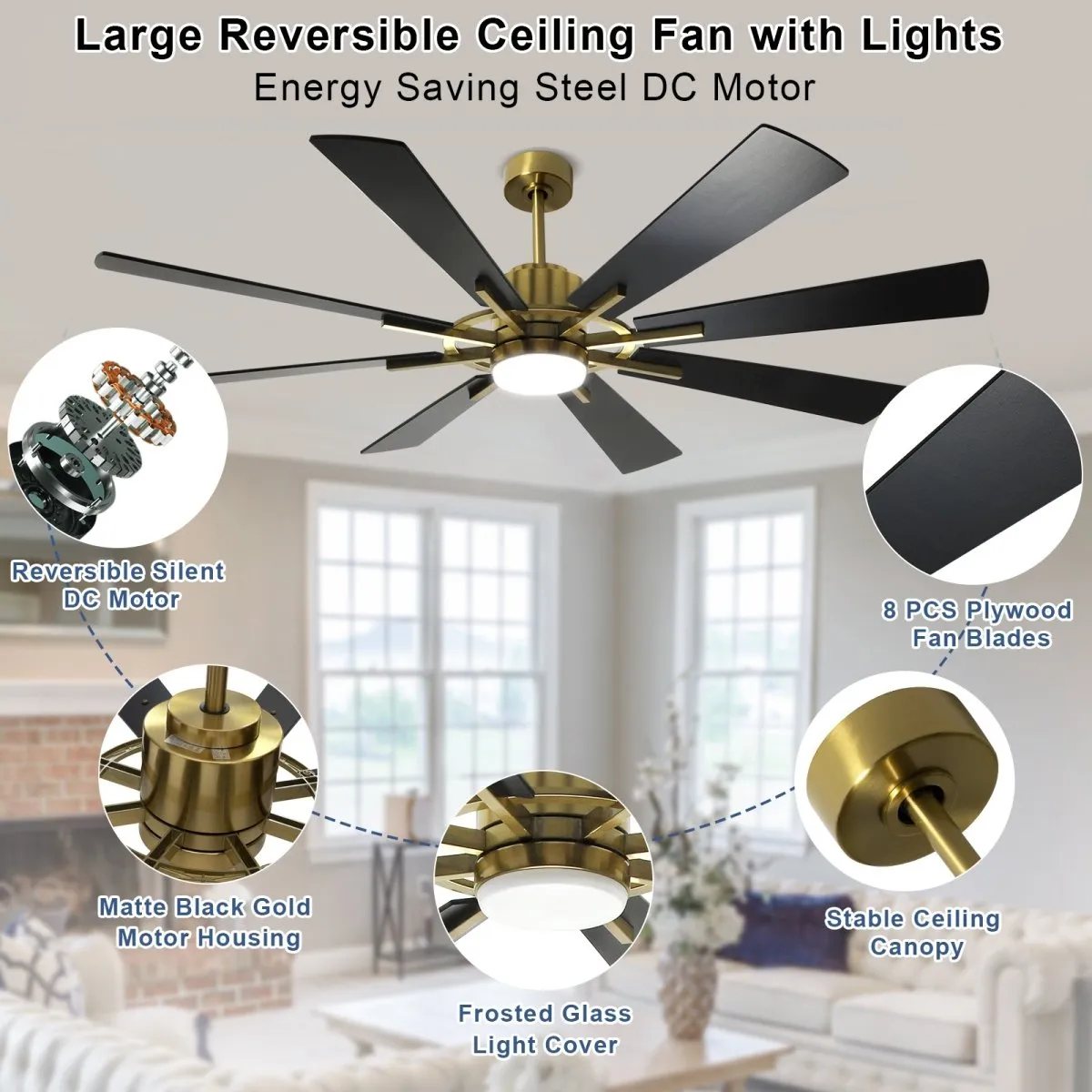 Depuley 60" Large Ceiling Fan with Light, Modern Black Gold Reversible Ceiling Fan with Light LED and 8 Plywood Blades, Outdoor DC Ceiling Fans with 5-Speed for Covered Patios, 3CCT 3000K-6000K, Timer