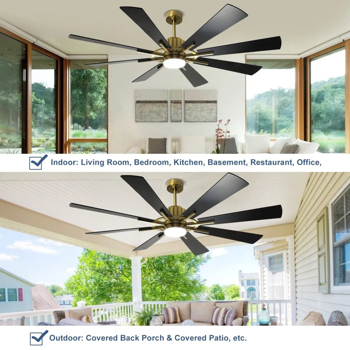 Depuley 60" Large Ceiling Fan with Light, Modern Black Gold Reversible Ceiling Fan with Light LED and 8 Plywood Blades, Outdoor DC Ceiling Fans with 5-Speed for Covered Patios, 3CCT 3000K-6000K, Timer