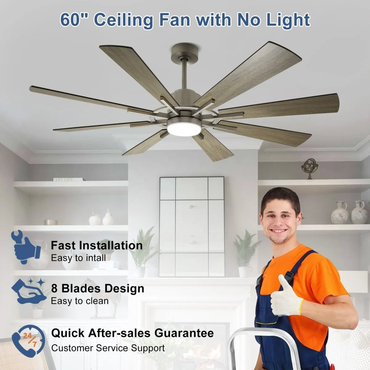 Depuley Ceiling Fan with Lights, 60" Reversible Large Industrial Ceiling fan with 8 Plywood Blades, 3 Light Colors Fandelier Ceiling Fans with Remote for Indoor and Covered Outdoor, 5-Speed Timer Gray