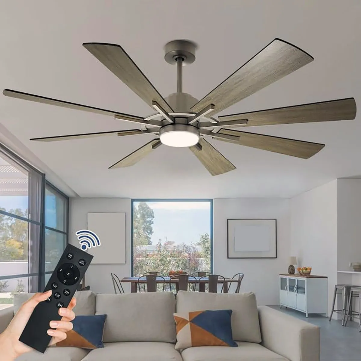 Depuley Ceiling Fan with Lights, 60" Reversible Large Industrial Ceiling fan with 8 Plywood Blades, 3 Light Colors Fandelier Ceiling Fans with Remote for Indoor and Covered Outdoor, 5-Speed Timer Gray