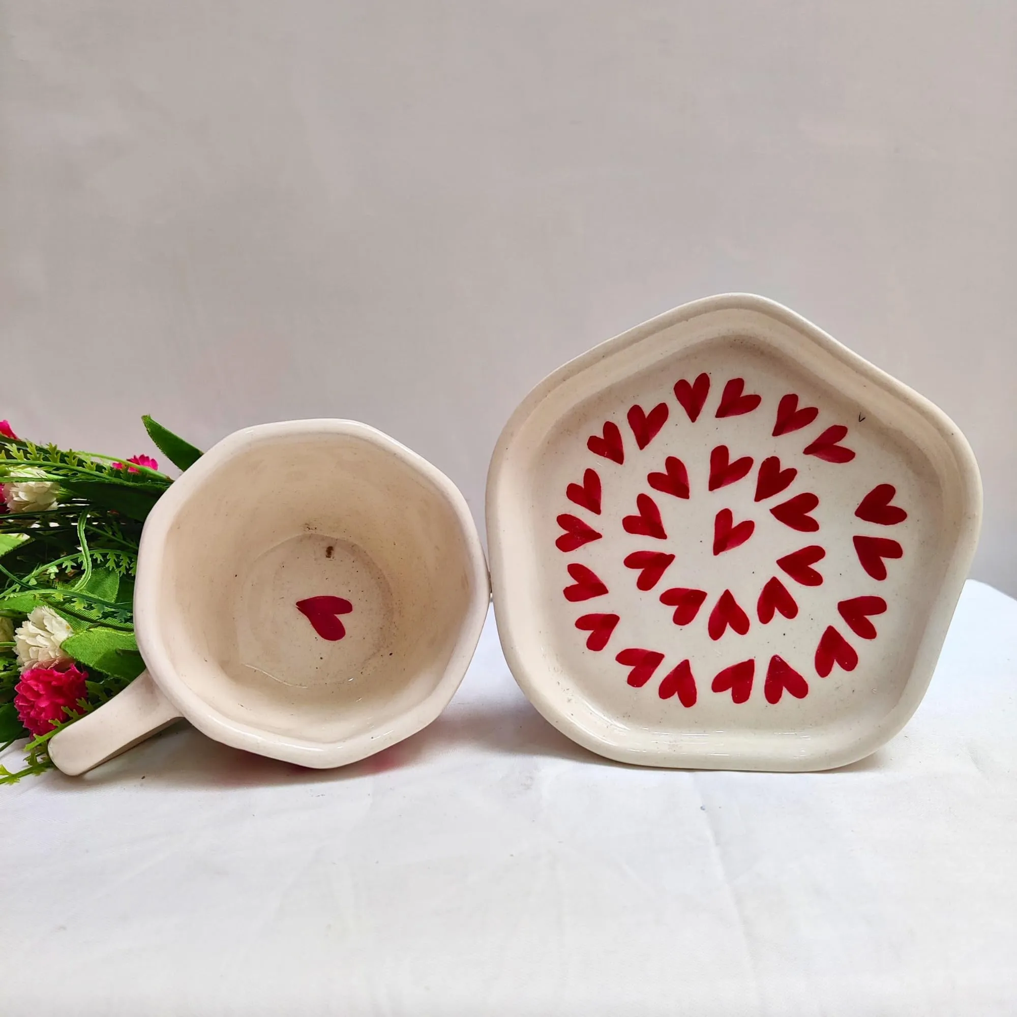 DIVYAKALAA Handpainted Ceramic Tea Cup & Saucer Set || 300 mL, Microwave and Dishwasher Safe || Ceramic Tea Cups (Red Hearts) || Tea Cup Coffee Mug Gift and Special Occasions