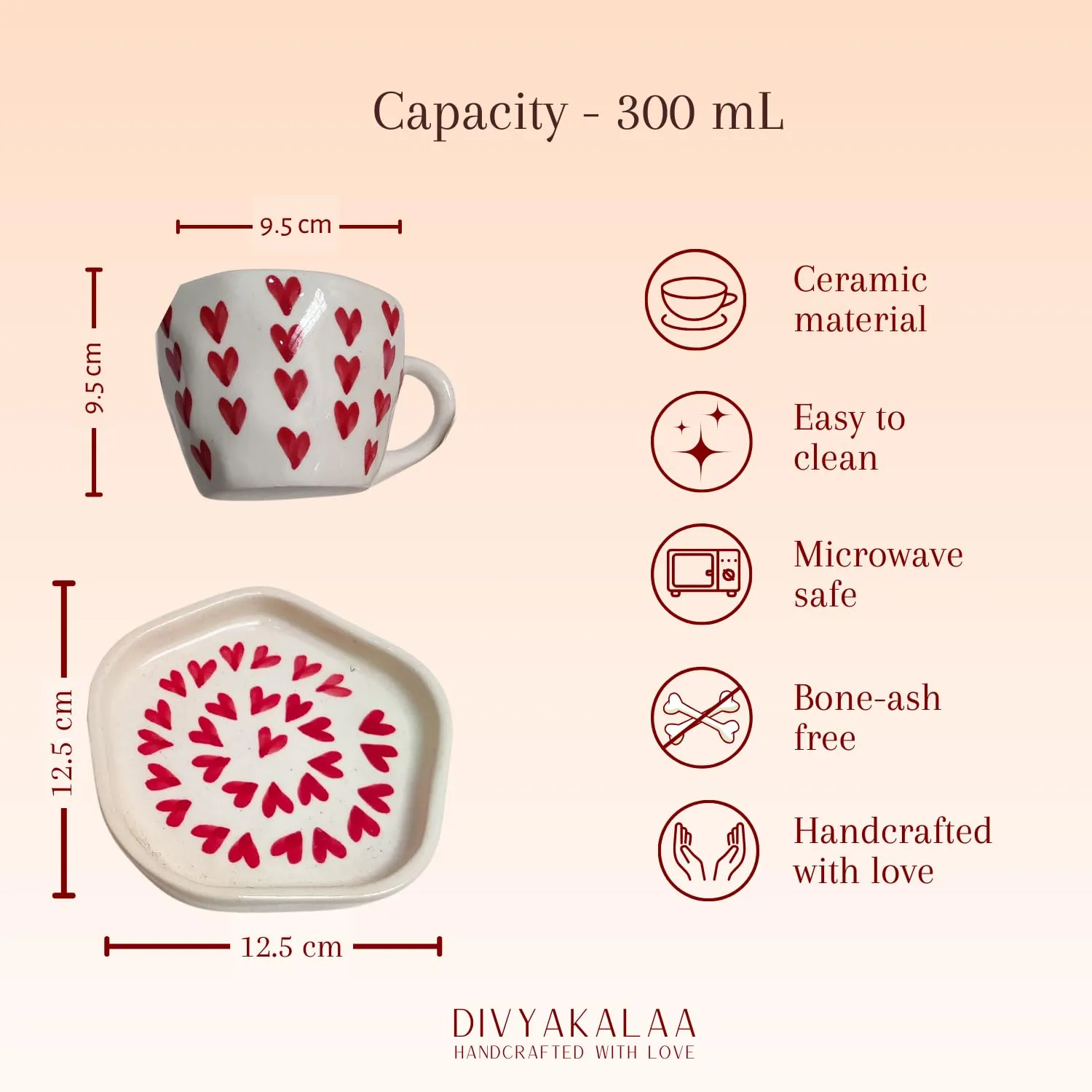 DIVYAKALAA Handpainted Ceramic Tea Cup & Saucer Set || 300 mL, Microwave and Dishwasher Safe || Ceramic Tea Cups (Red Hearts) || Tea Cup Coffee Mug Gift and Special Occasions