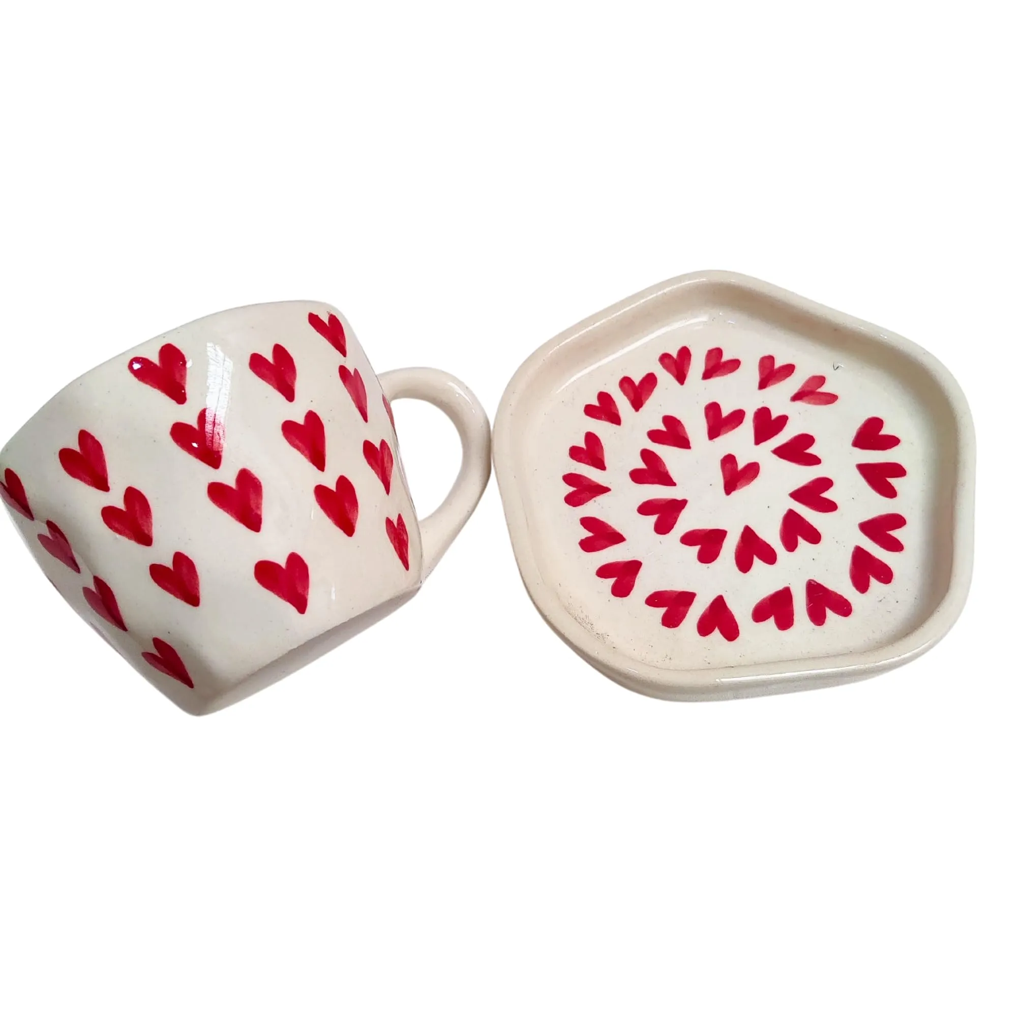 DIVYAKALAA Handpainted Ceramic Tea Cup & Saucer Set || 300 mL, Microwave and Dishwasher Safe || Ceramic Tea Cups (Red Hearts) || Tea Cup Coffee Mug Gift and Special Occasions