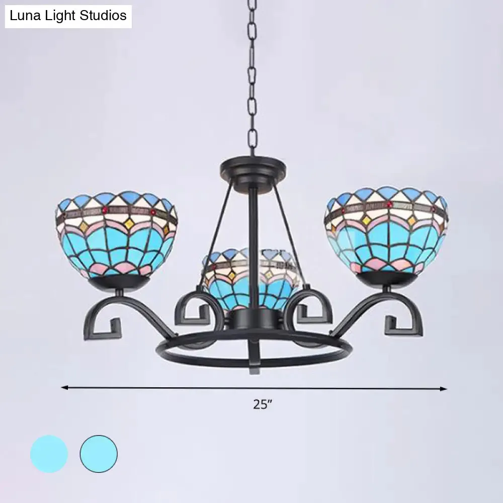 Dome Hanging Chandelier with Blue and Clear Glass Baroque Design - 3/6/8 Lights, Perfect for Living Room Décor - Sizes: 25"/29"/36.5