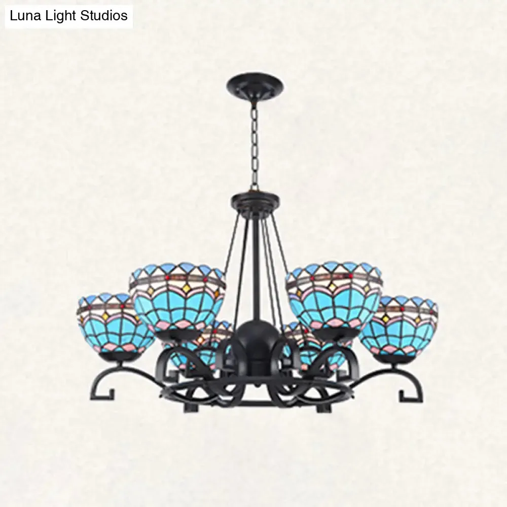 Dome Hanging Chandelier with Blue and Clear Glass Baroque Design - 3/6/8 Lights, Perfect for Living Room Décor - Sizes: 25"/29"/36.5