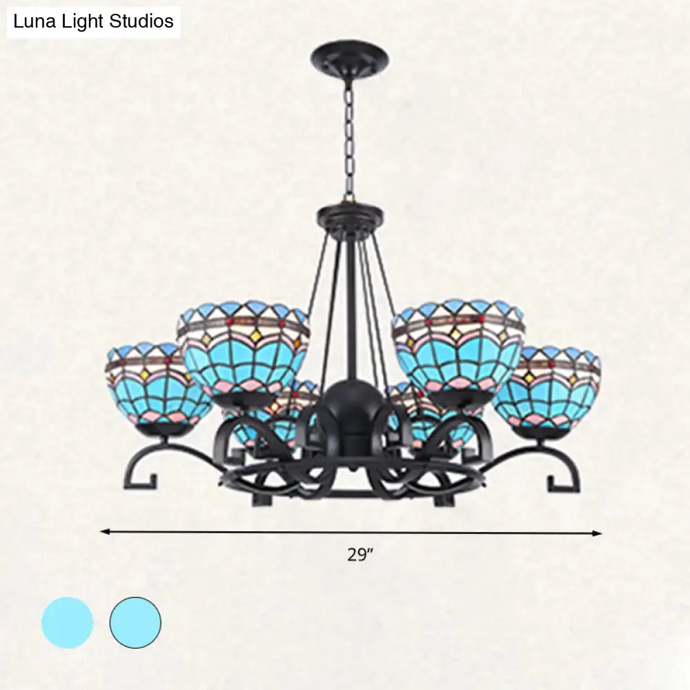 Dome Hanging Chandelier with Blue and Clear Glass Baroque Design - 3/6/8 Lights, Perfect for Living Room Décor - Sizes: 25"/29"/36.5