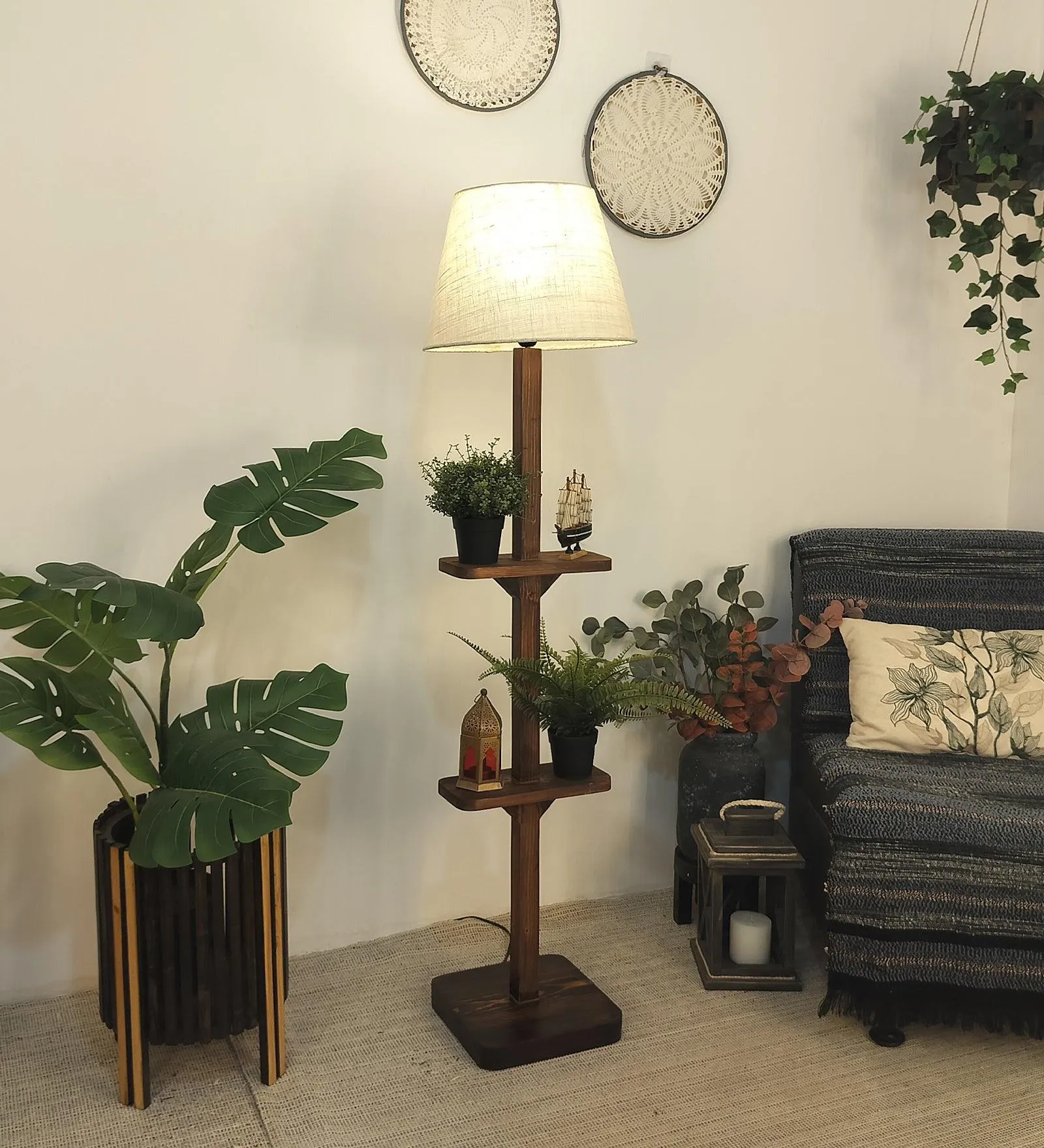 Elania Wooden Floor Lamp with Brown Base and Beige Fabric Lampshade