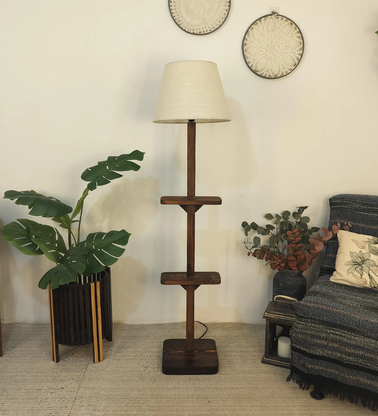 Elania Wooden Floor Lamp with Brown Base and Beige Fabric Lampshade