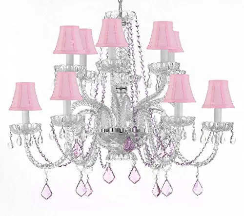 Empress Crystal (Tm) Chandelier Lighting With Pink Color Crystal And Pink Shades - F46-B2/385/6 6-Pink Shades/Pink Crystals