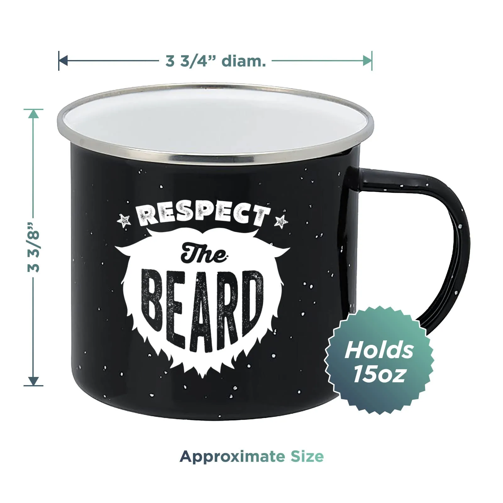 Enamel Camping Coffee Mug "Respect the Beard" Large Tin Cup, 15 Ounce (Midnight Black)