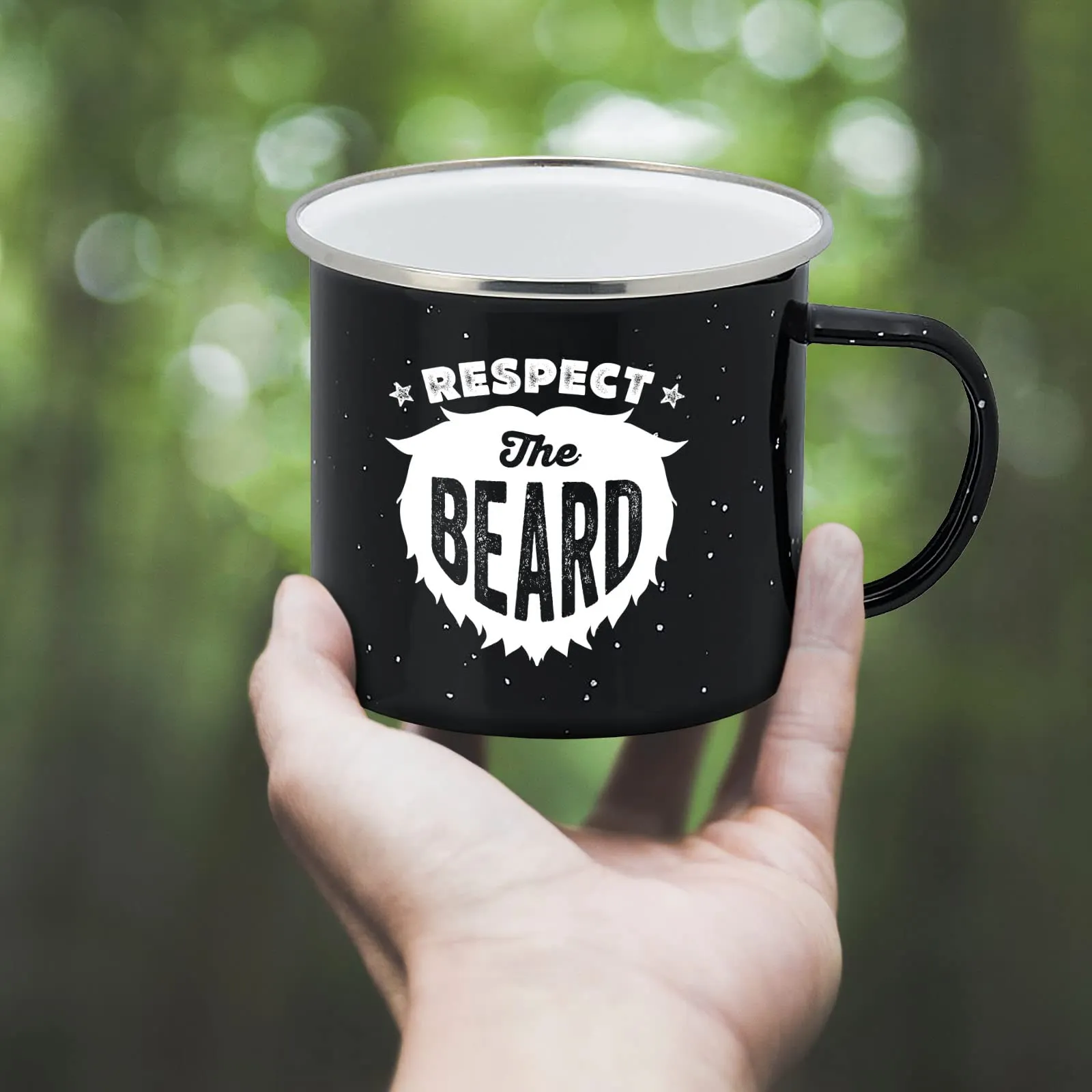 Enamel Camping Coffee Mug "Respect the Beard" Large Tin Cup, 15 Ounce (Midnight Black)