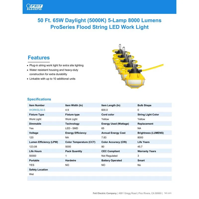 Feit Pro Series 8000 lm LED Corded String/Linkable Work Light