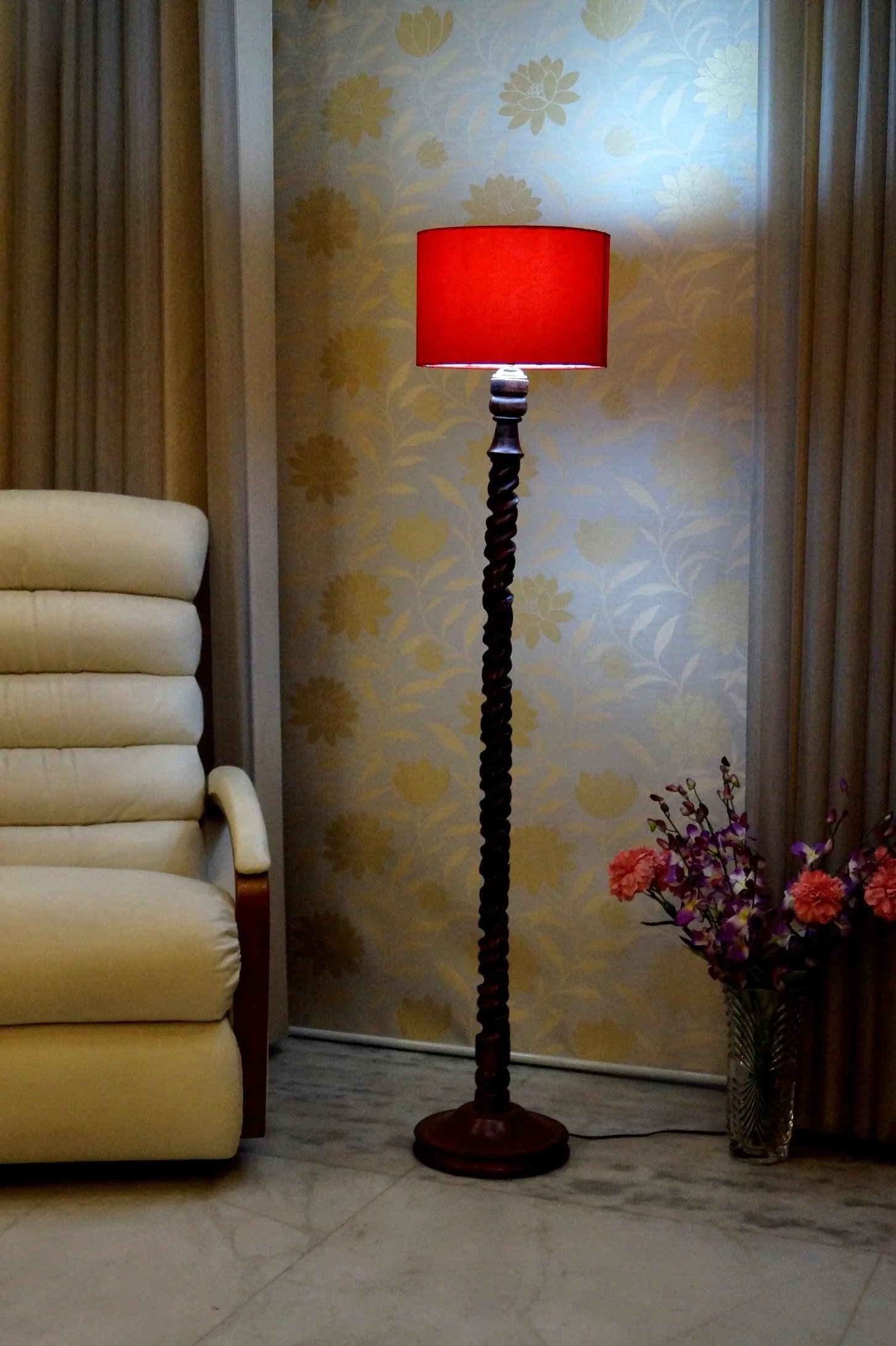 Floor Lamp Brown & Red with Drum Shade (Bulb Not Included)