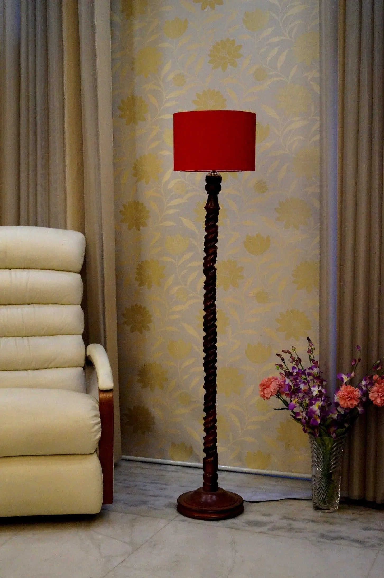 Floor Lamp Brown & Red with Drum Shade (Bulb Not Included)