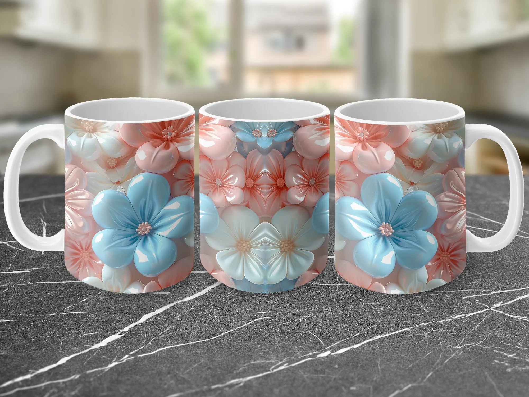 Floral Pattern Mug, Pastel Blue and Pink Flowers, Ceramic Coffee Cup, Mother's Day Gift, Spring Decor Kitchenware, Unique Flower Design