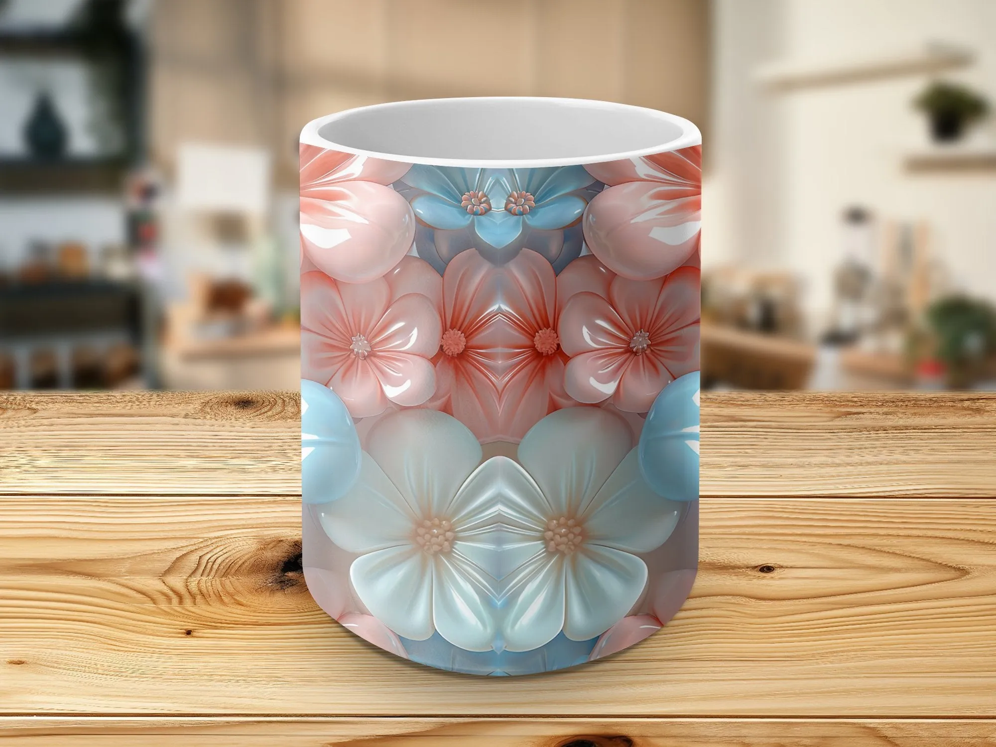 Floral Pattern Mug, Pastel Blue and Pink Flowers, Ceramic Coffee Cup, Mother's Day Gift, Spring Decor Kitchenware, Unique Flower Design