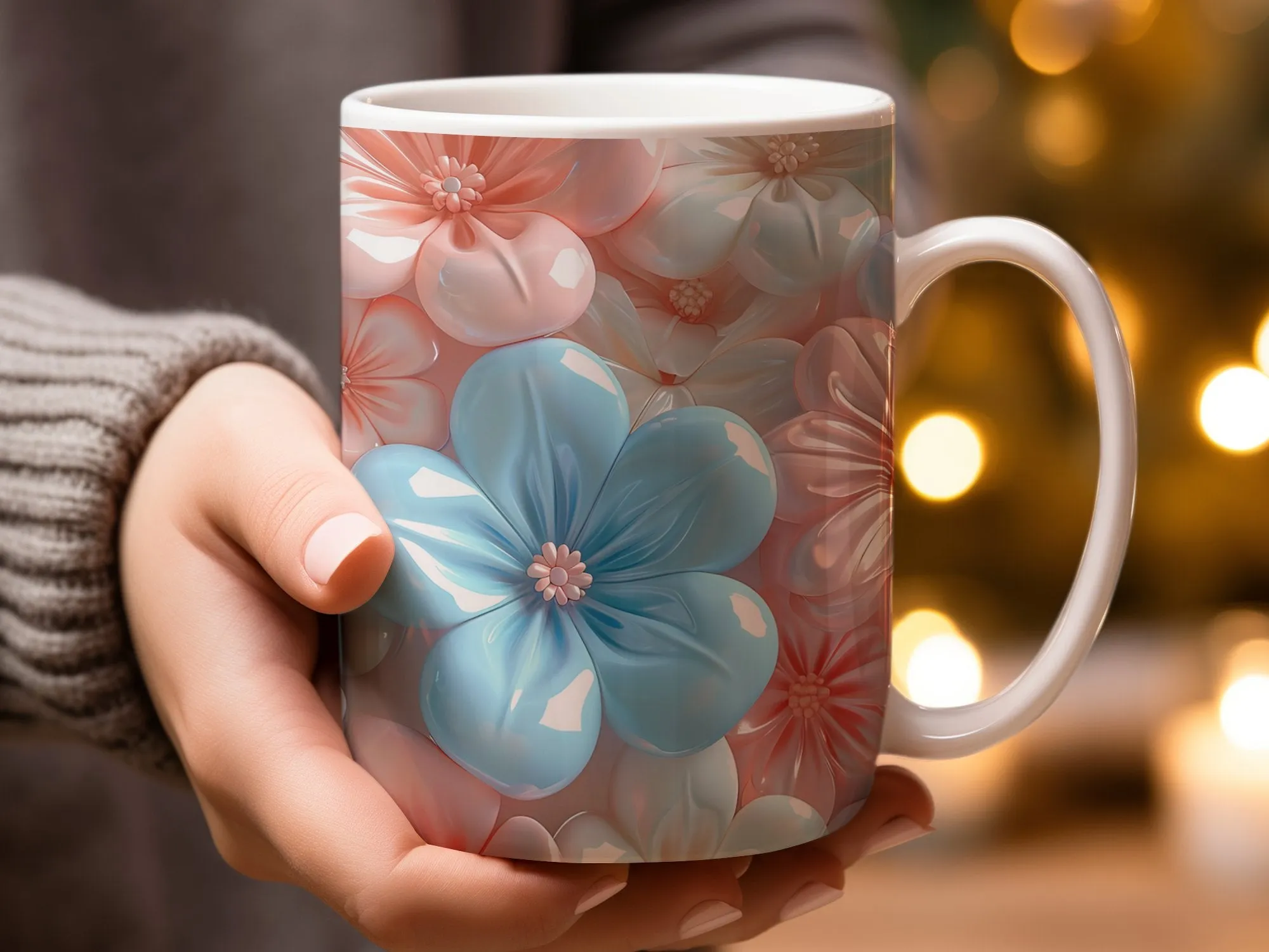 Floral Pattern Mug, Pastel Blue and Pink Flowers, Ceramic Coffee Cup, Mother's Day Gift, Spring Decor Kitchenware, Unique Flower Design