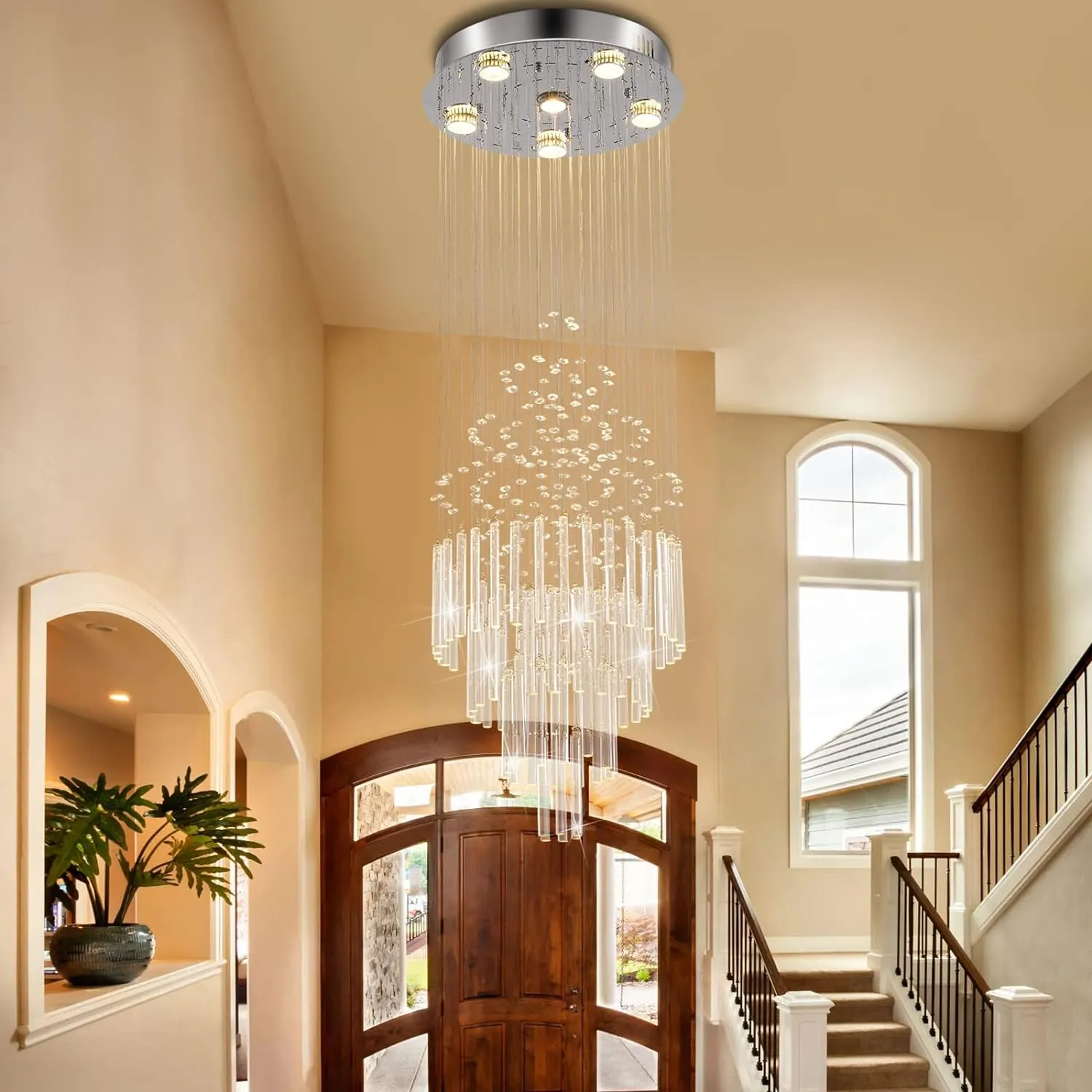 Flush Mount High Ceiling Chandelier, Modern Raindrop Crystal Chandeliers